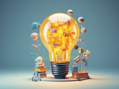 lightbulb filled with abstract object and with other objects around it